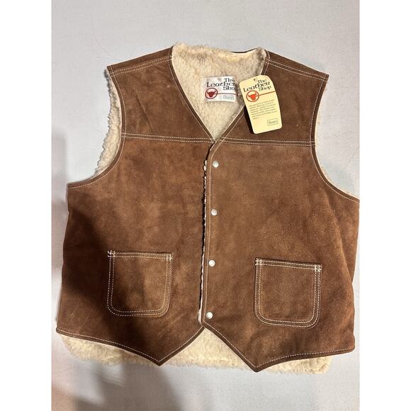 VTG The Leather Shop Vest Mens Large Tan Suede Sherpa Lined Sears NEW Made InUSA - Picture 1 of 5